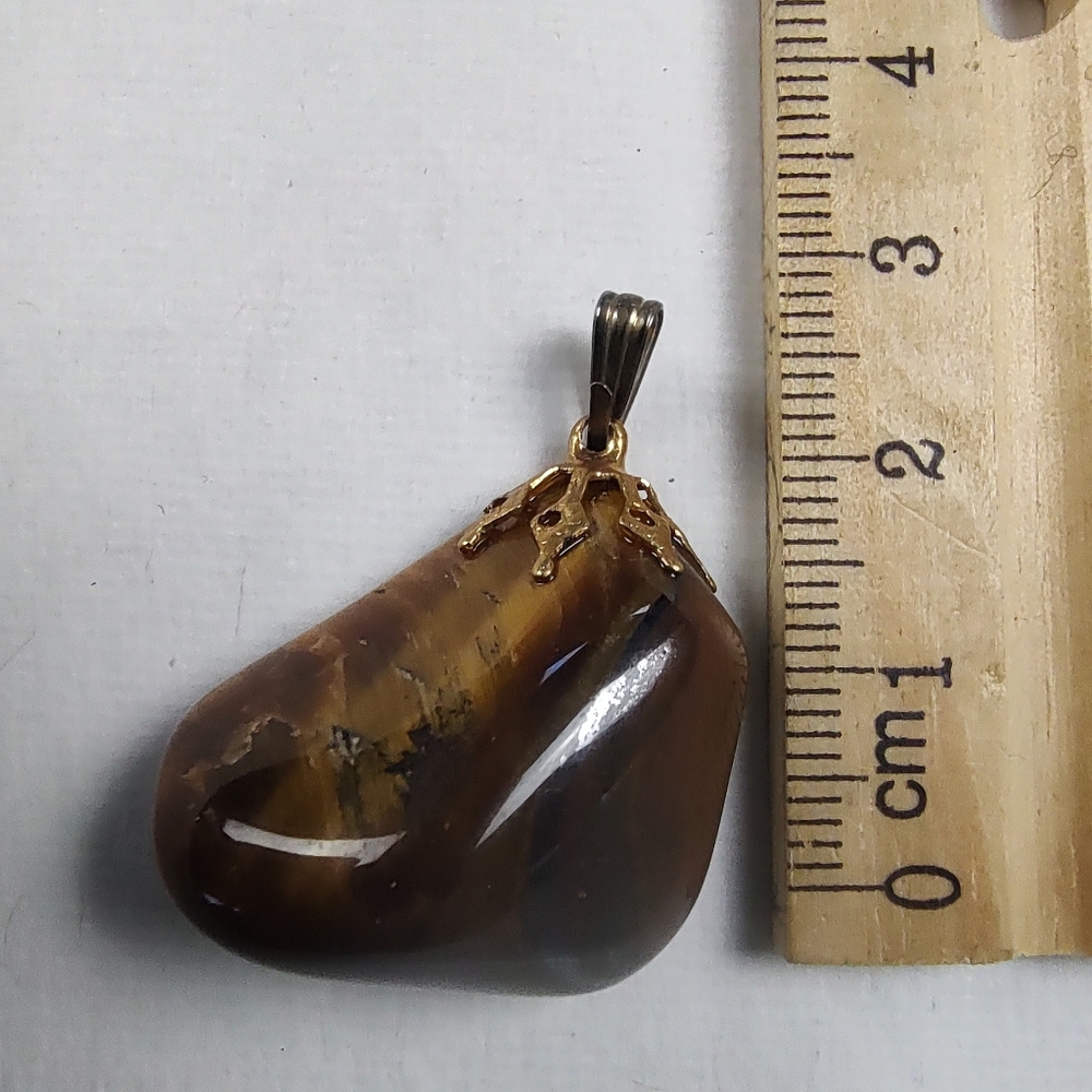 Vintage Tigers Eye Necklace Pendant Leaf Shaped Bail